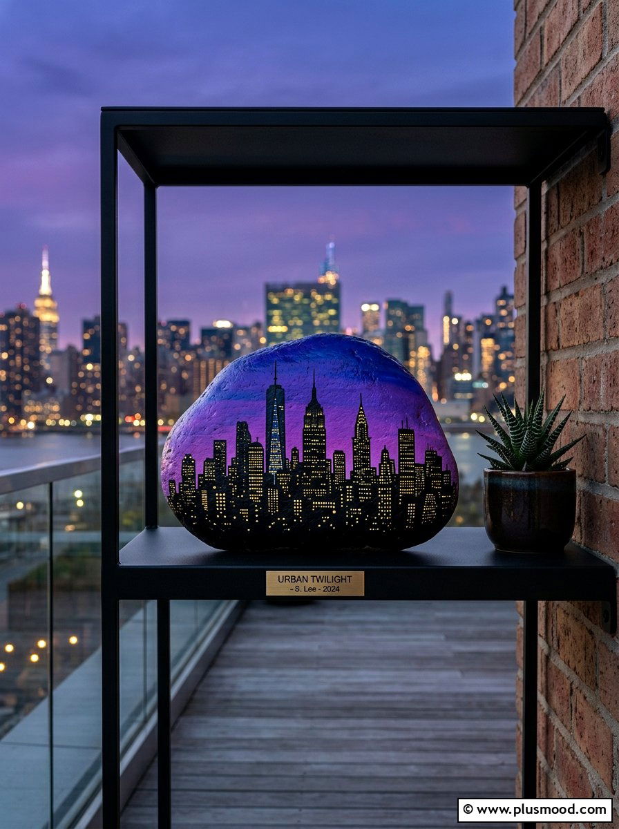City Skyline Silhouette - 25 painted rock ideas with landscapes