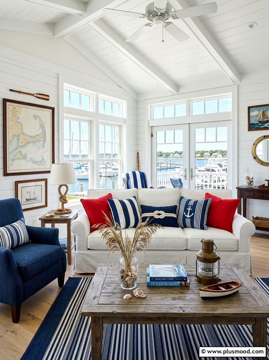 Classic nautical stripe living area - 25 summer throw pillow ideas for living room
