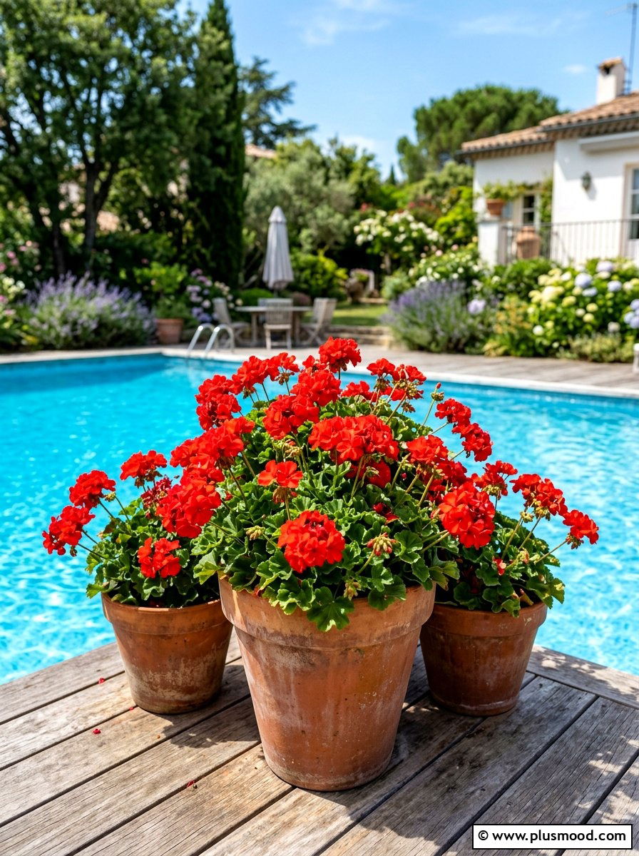 Classic red geranium planter - 25 summer poolside planter ideas