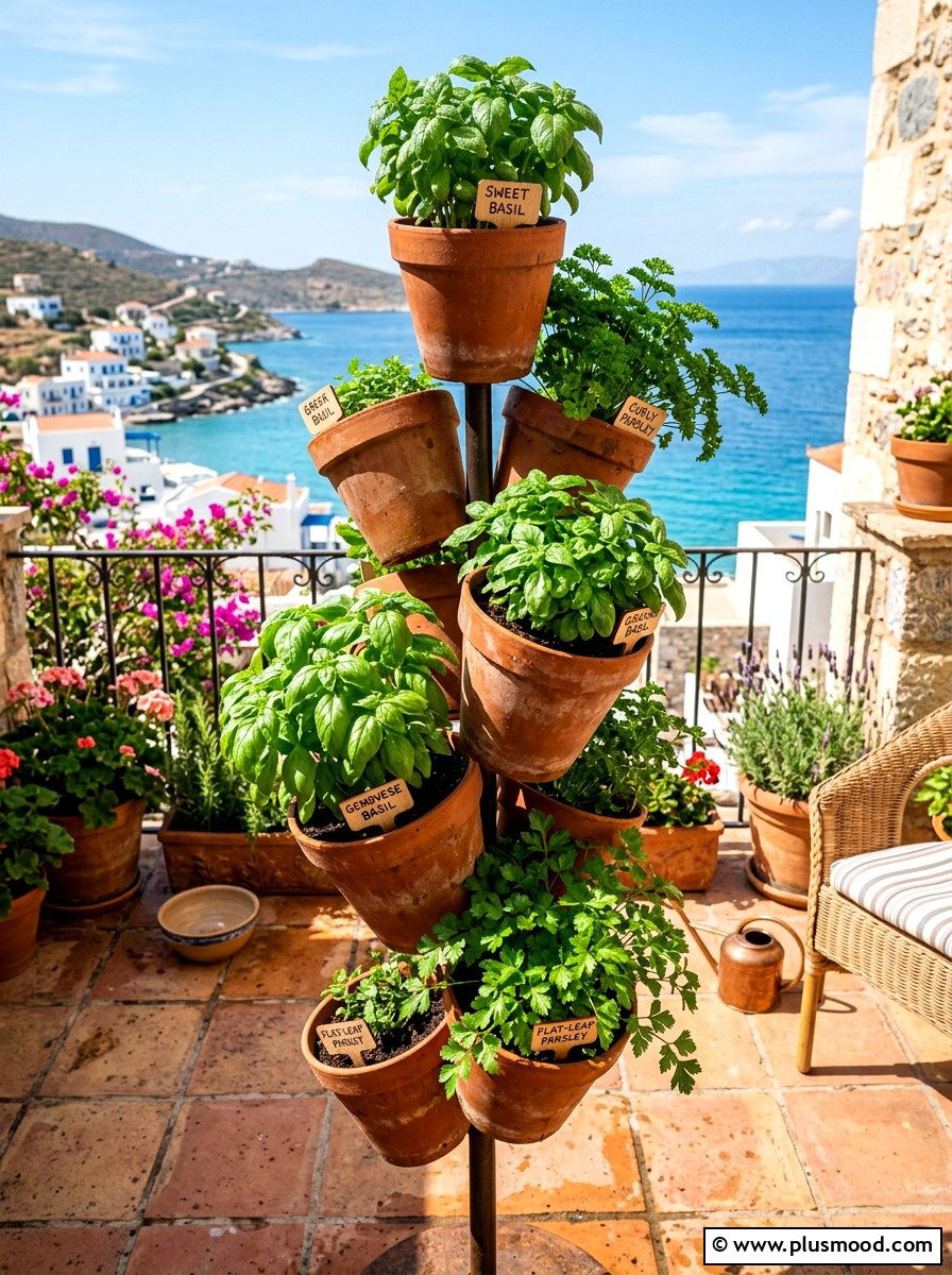 Clay Pot Herb Tower - 25 summer balcony herb garden ideas