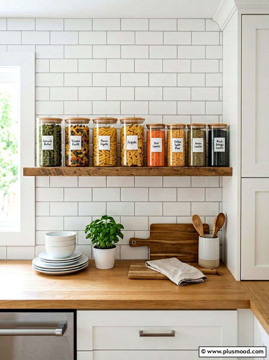 Clear Glass Jars - 25 summer kitchen shelf decor ideas