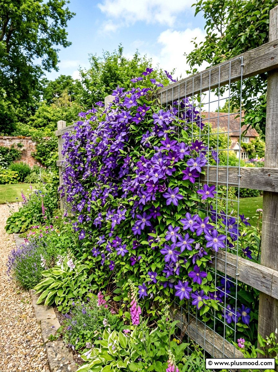 Clematis Vine Wall - 25 summer fence line landscaping ideas