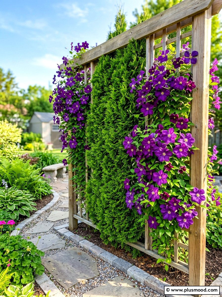 Clematis and arborvitae trellis - 25 summer evergreen and flower mix ideas
