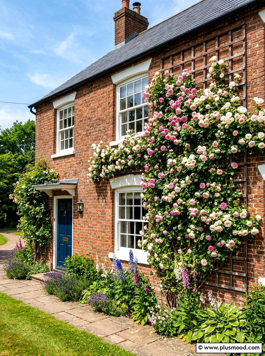 Climbing Rose Brick Facade - 25 summer brick house curb appeal ideas