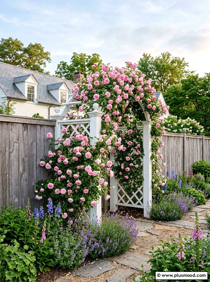 Climbing Rose Trellis - 25 small backyard ideas farmhouse style