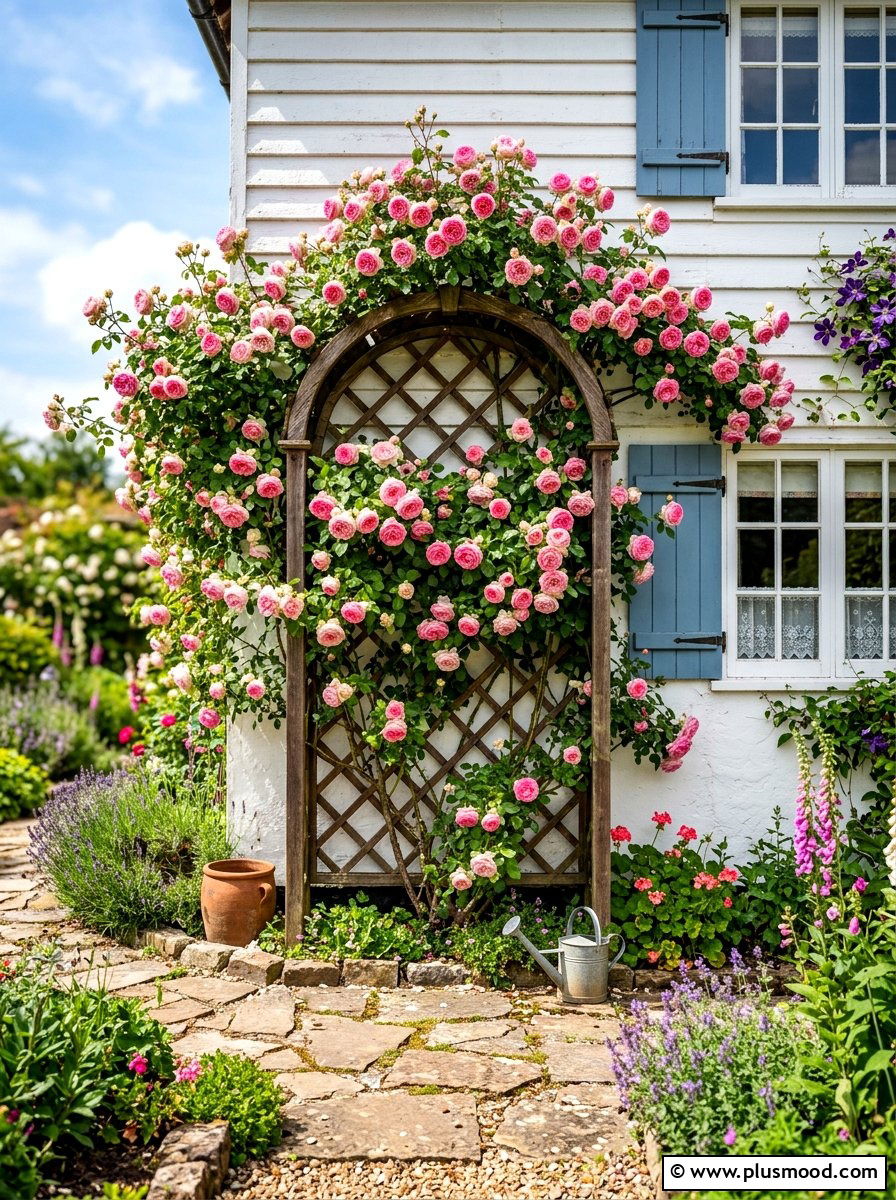 Climbing Rose Trellis - 25 summer farmhouse landscaping ideas