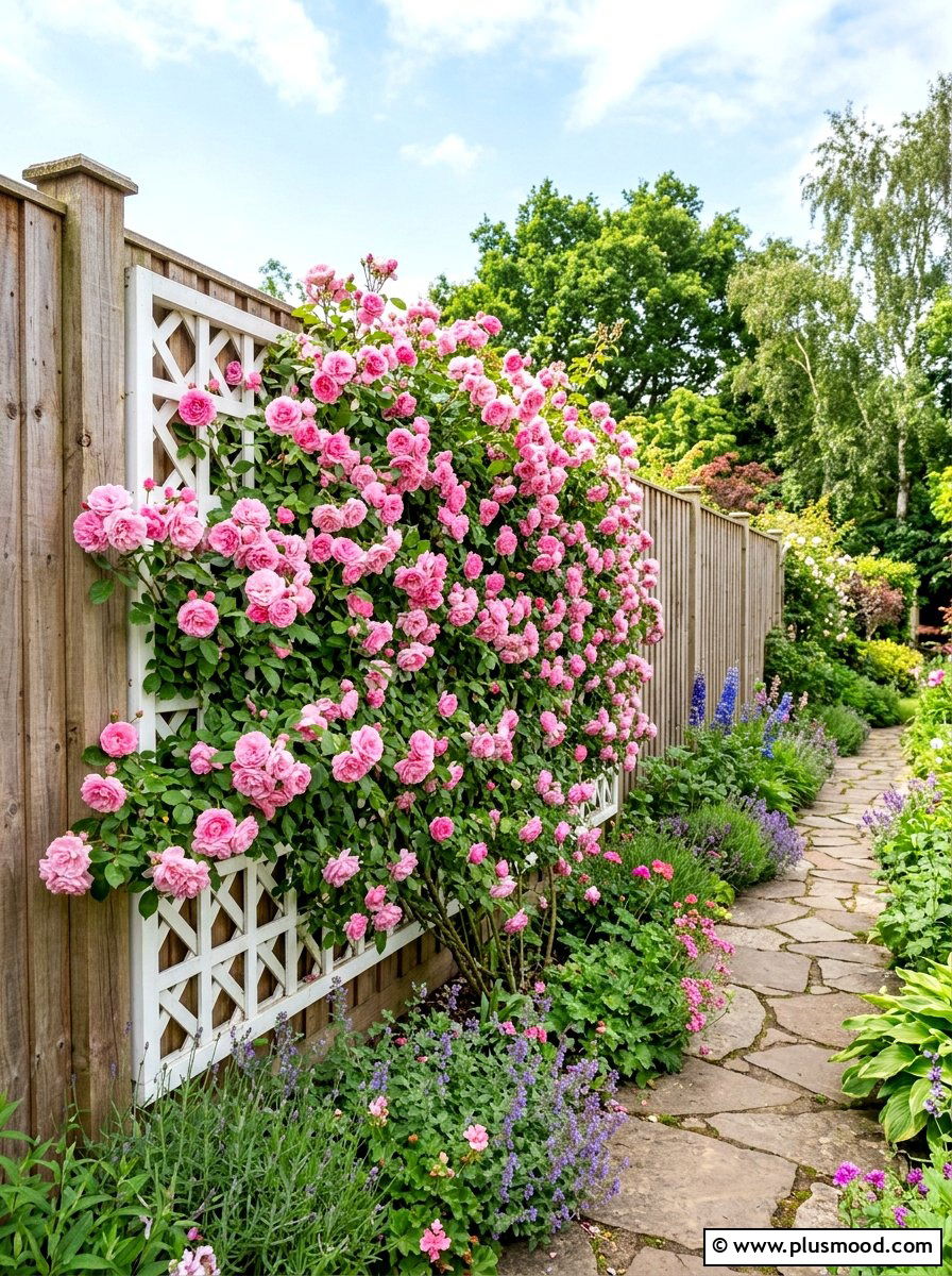 Climbing Rose Trellis - 25 summer fence line landscaping ideas