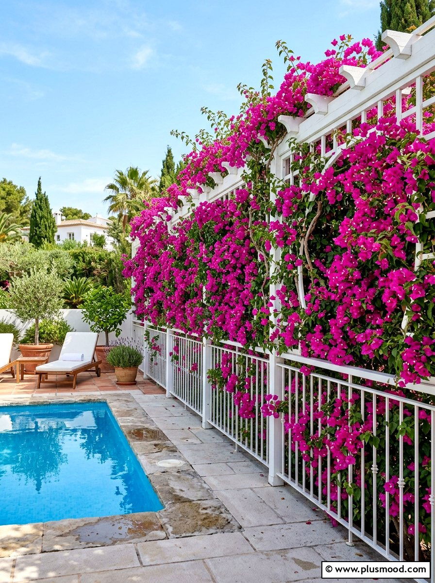 Climbing bougainvillea on pool fence - 25 summer pool fence decor ideas