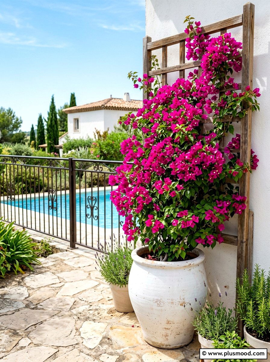 Climbing bougainvillea vine planter - 25 summer poolside planter ideas