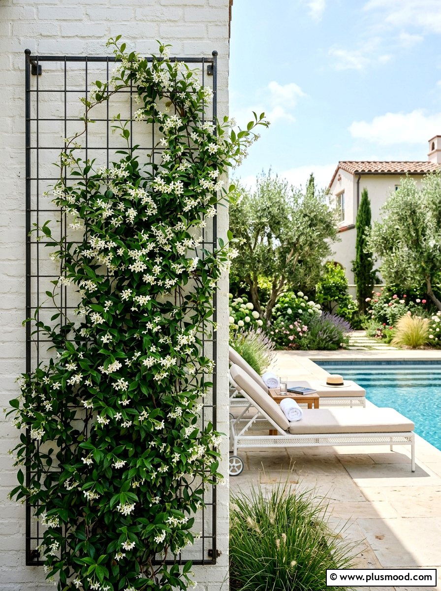 Climbing plant trellis - 25 pool landscaping ideas for rooftop pools