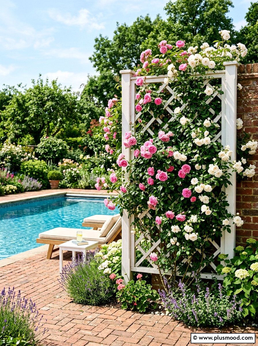 Climbing rose trellis - 25 pool landscaping ideas for colonial homes