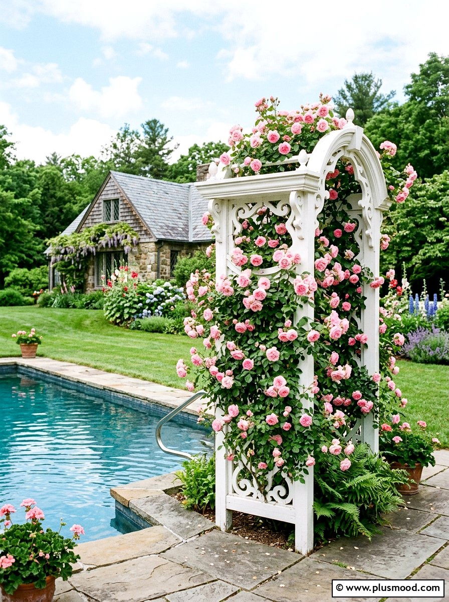 Climbing rose trellis - 25 pool landscaping ideas for cottagecore theme