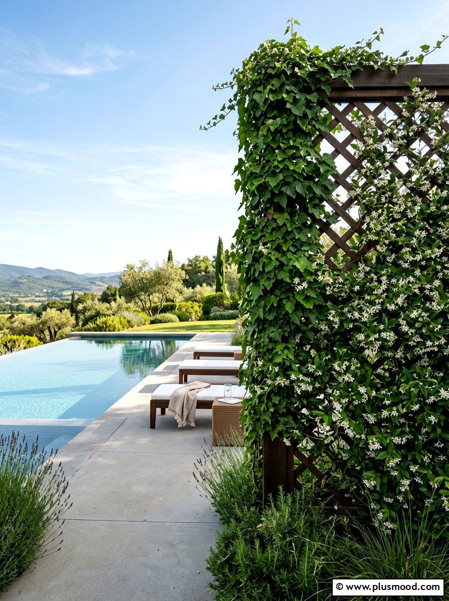 Climbing vines on trellis - 25 pool landscaping ideas for privacy screen