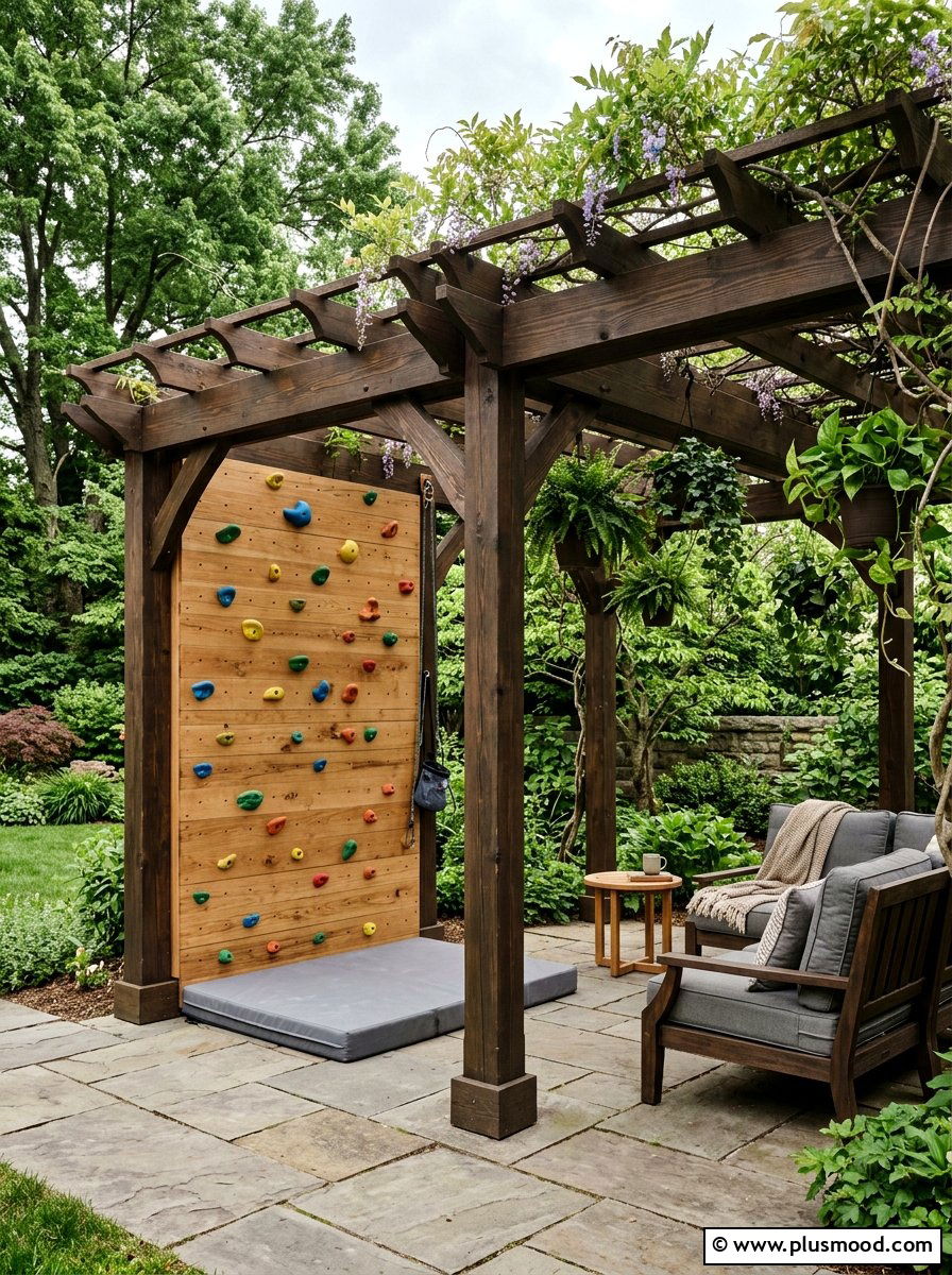 Climbing wall under pergola - 25 small backyard ideas with climbing wall