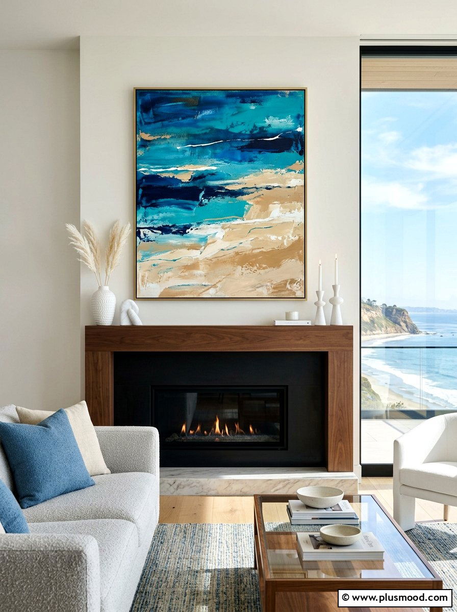 Coastal Abstract Art Mantel - 25 summer mantel decor ideas