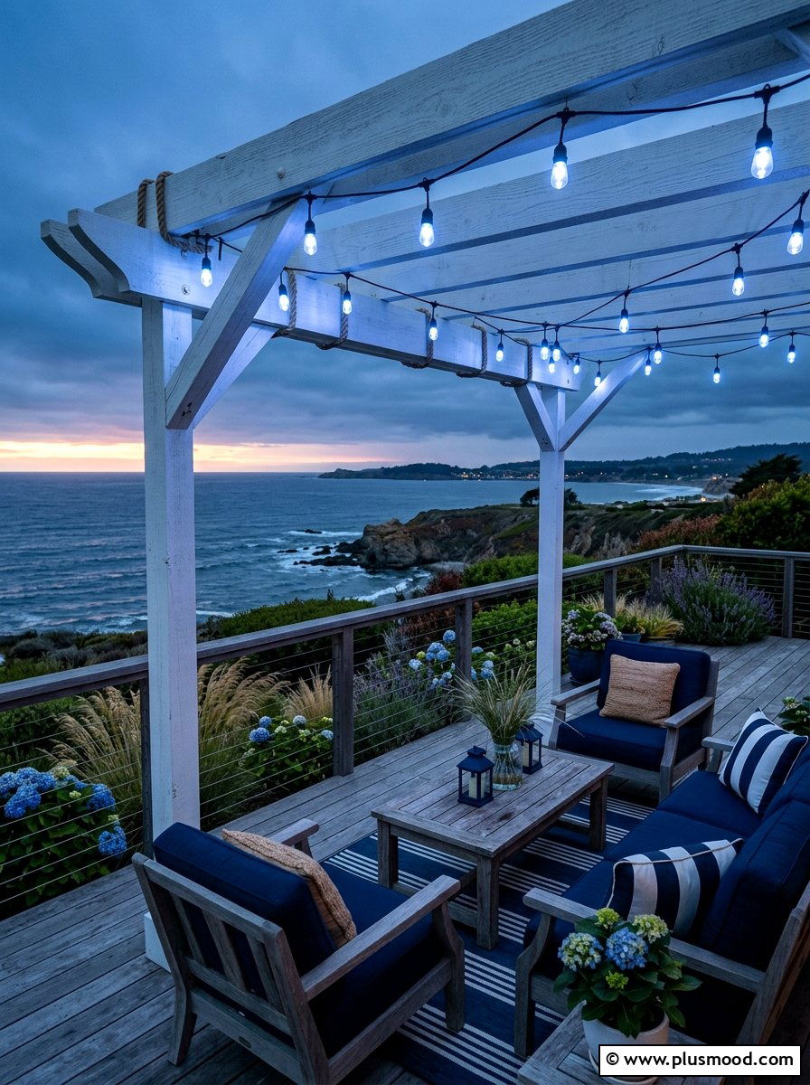 Coastal Backyard Deck Blue Lights - 25 small backyard ideas with pergola lights