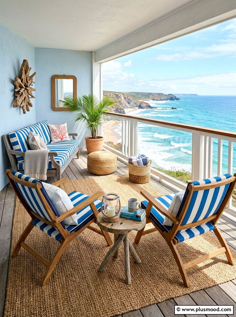 Coastal Balcony Lounge With Stripes - 25 summer balcony lounge ideas