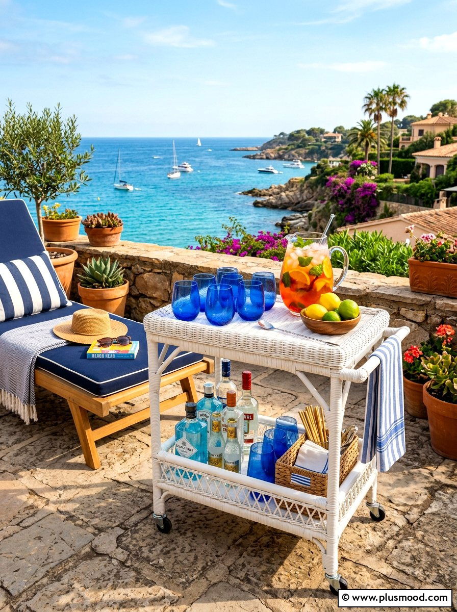 Coastal Bar Cart Setup - 25 summer coastal patio ideas