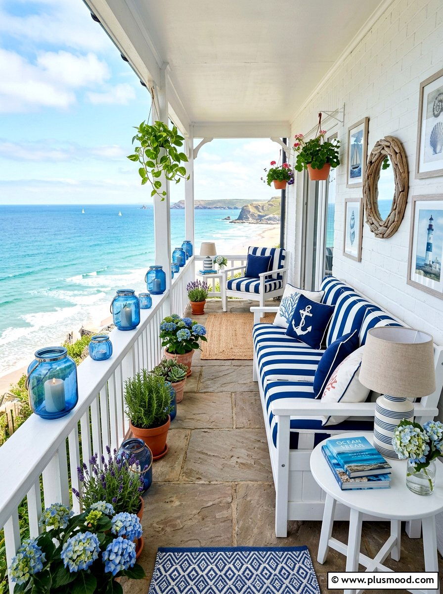 Coastal Blue Accents - 25 summer narrow patio ideas