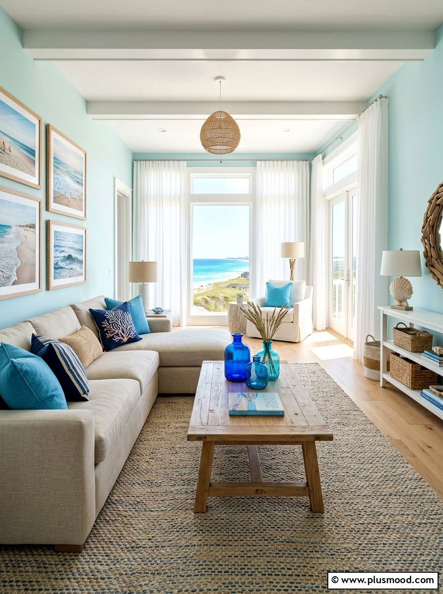 Coastal Blue Accents Living Room - 25 summer decor ideas for beige living room