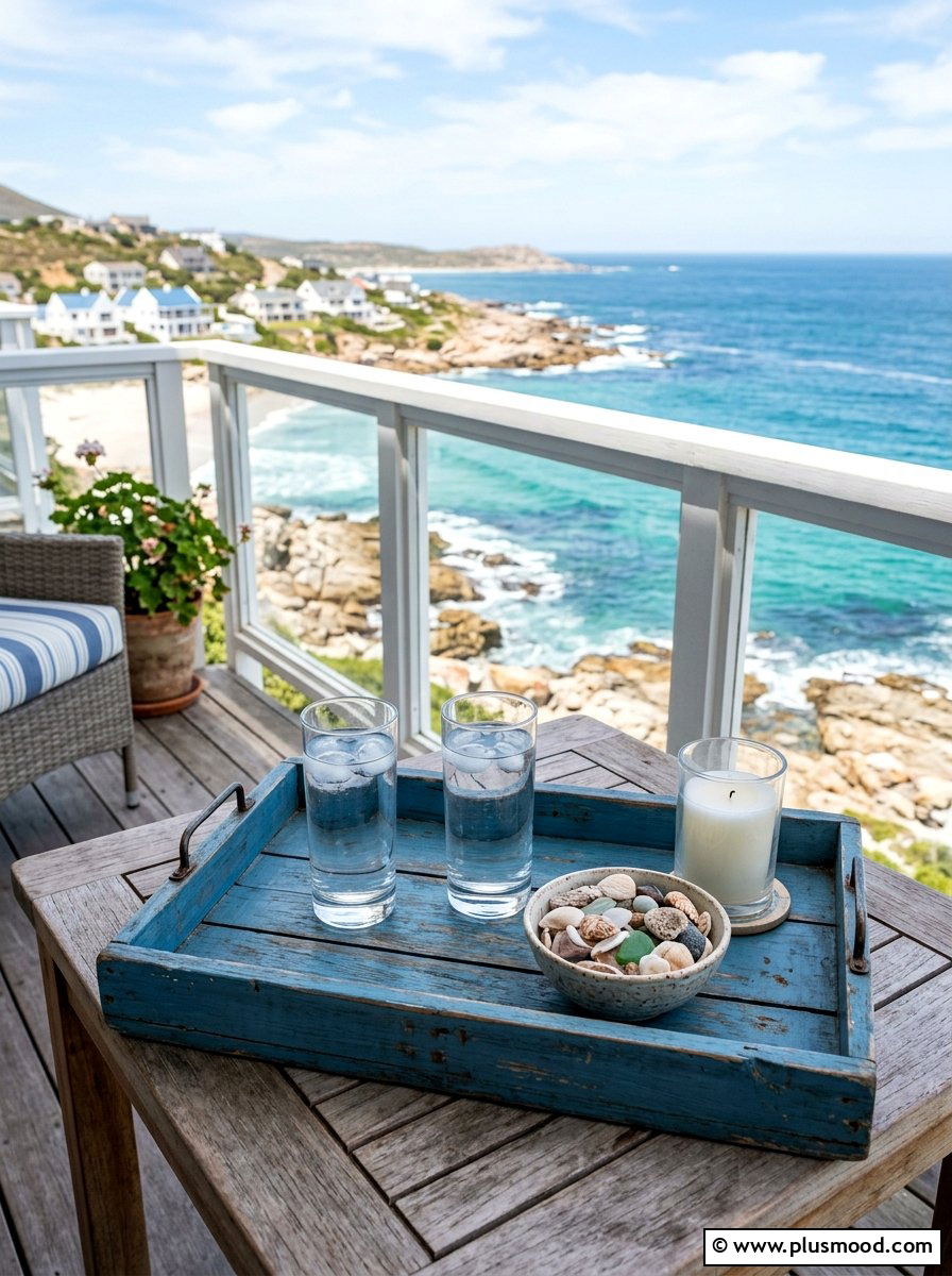 Coastal Blue Balcony Tray - 25 summer balcony table decor ideas