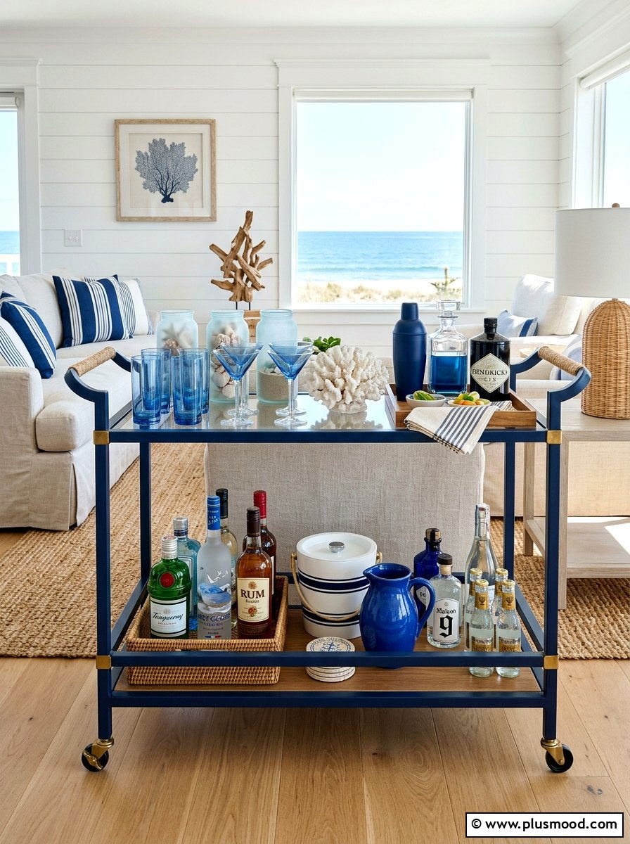 Coastal Blue Bar Cart - 25 summer bar cart styling ideas for summer