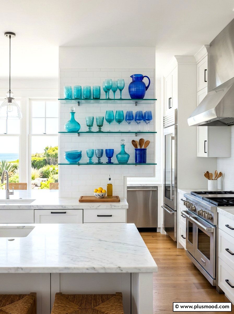 Coastal Blue Glassware - 25 summer kitchen shelf decor ideas