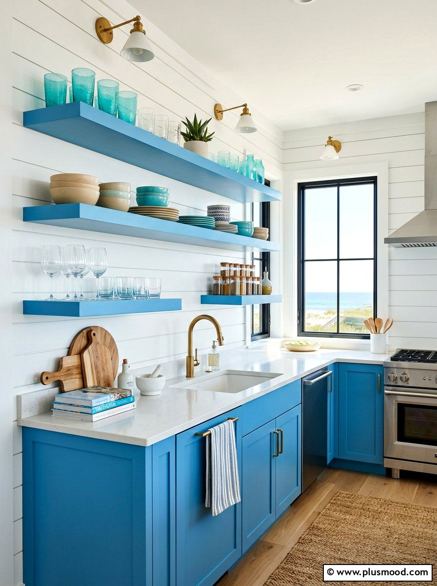 Coastal Blue Open Shelving Kitchen - 25 summer open shelf summer kitchen ideas