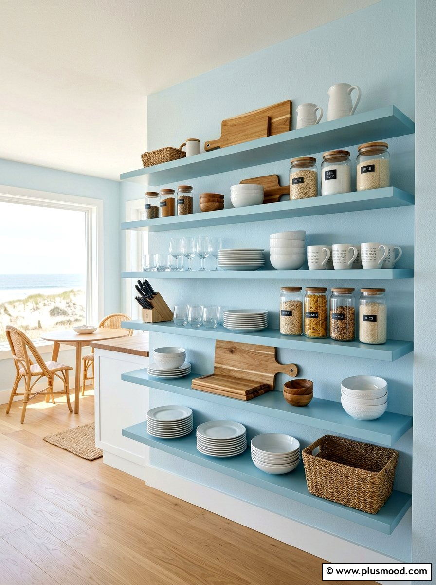 Coastal Blue Open Shelving - 25 summer blue kitchen decor ideas