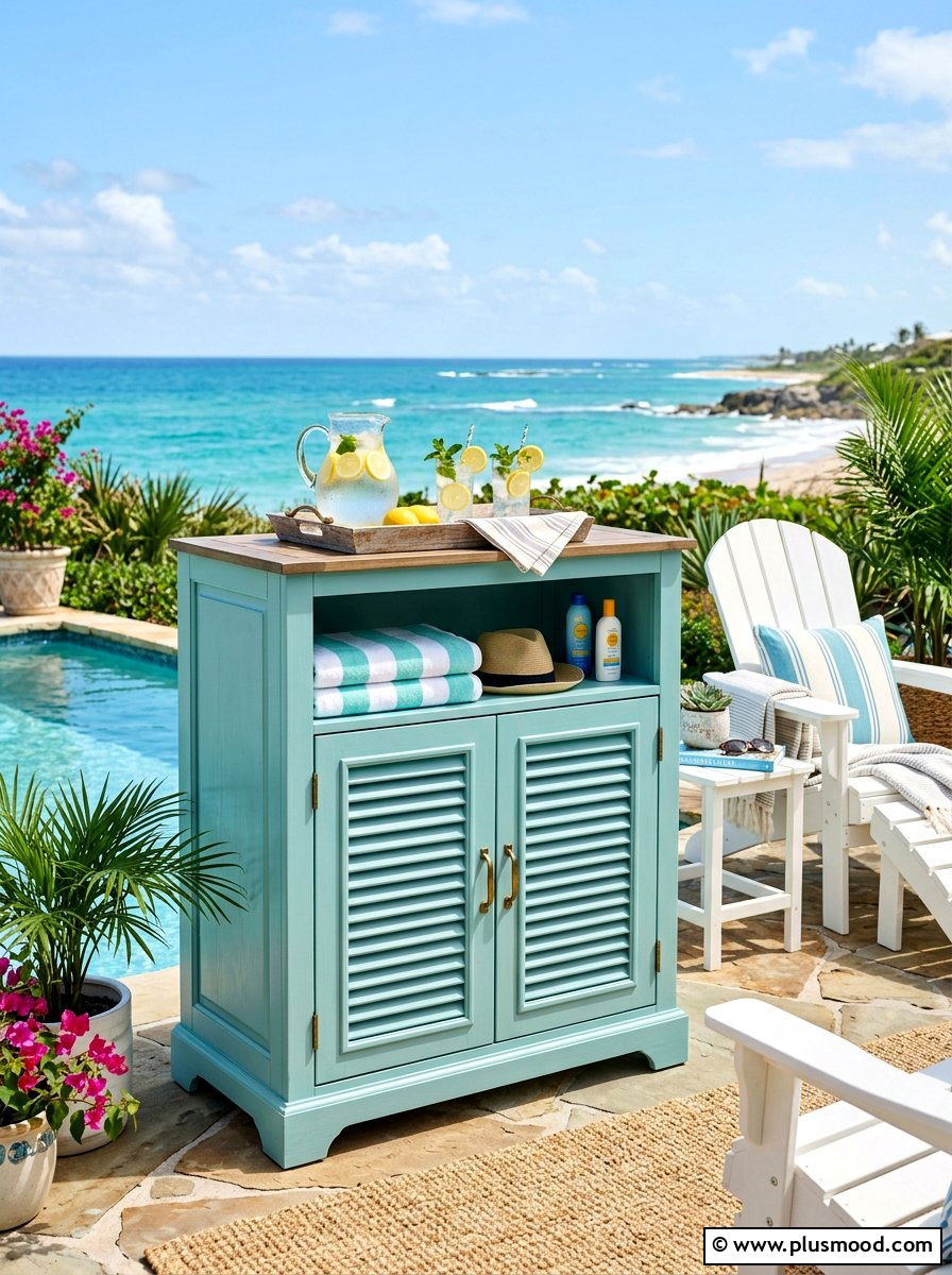 Coastal Blue Pool Cabinet - 25 summer towel station ideas for pool area