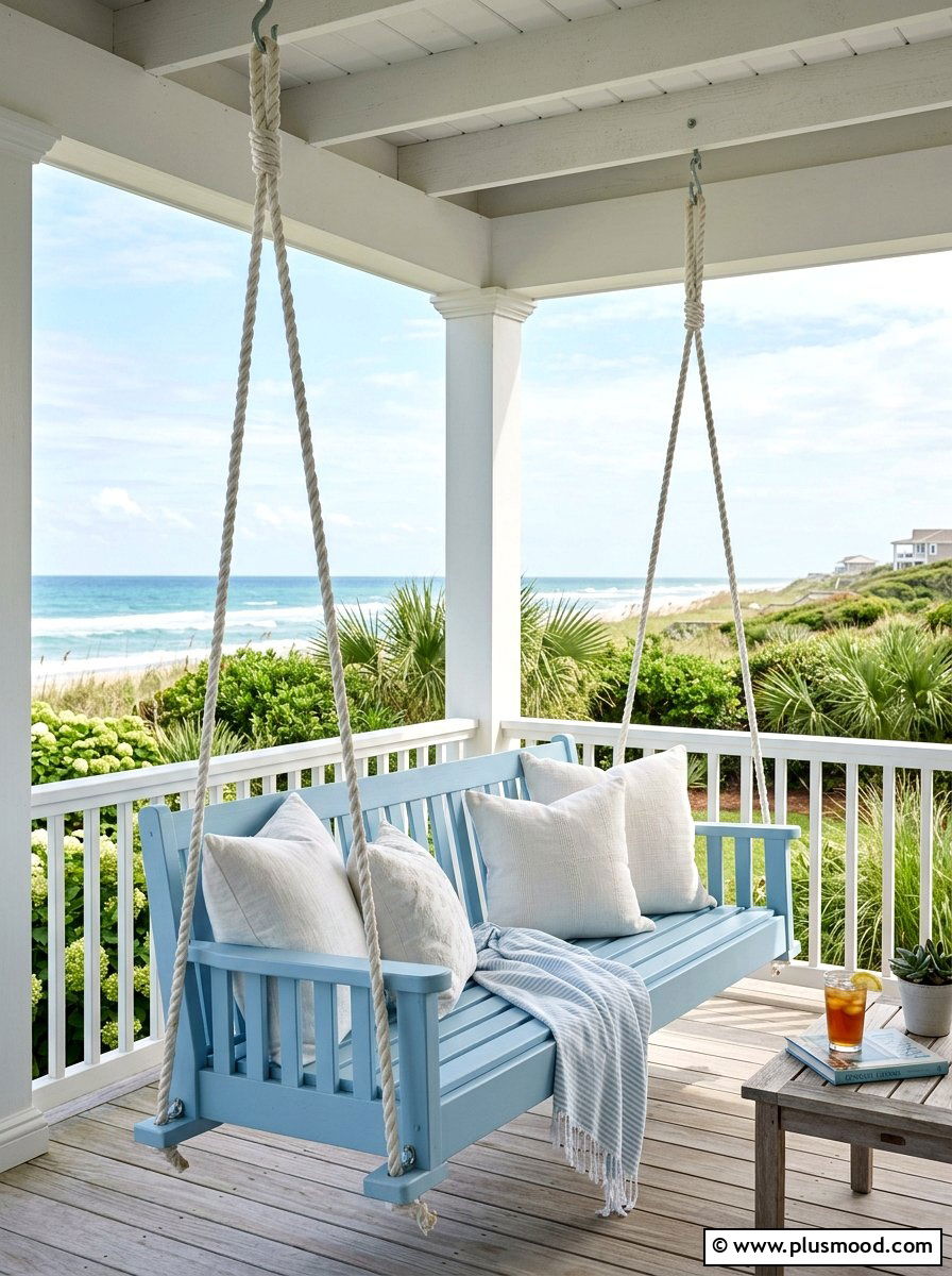 Coastal Blue Porch Swing - 25 summer front porch decor ideas with blue and white