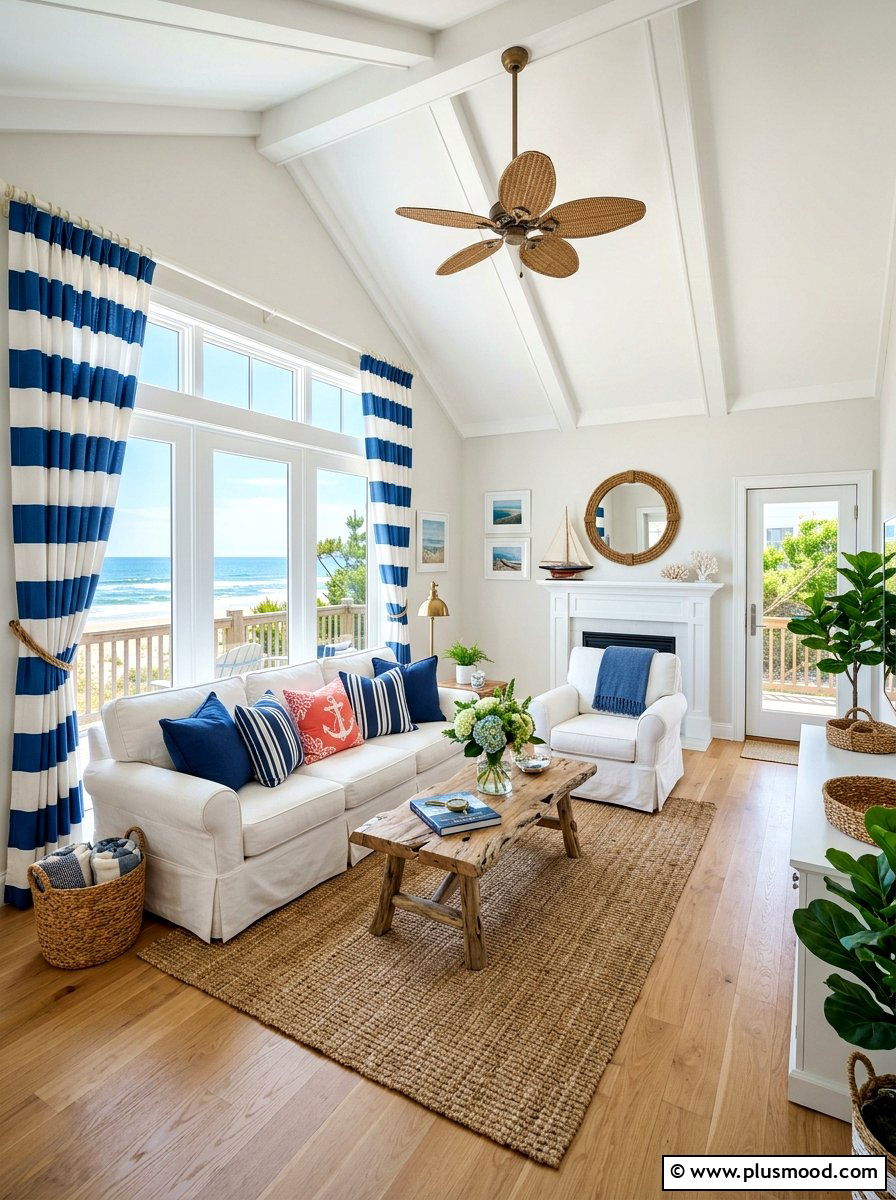 Coastal Blue Stripe - 25 summer curtains ideas for living room