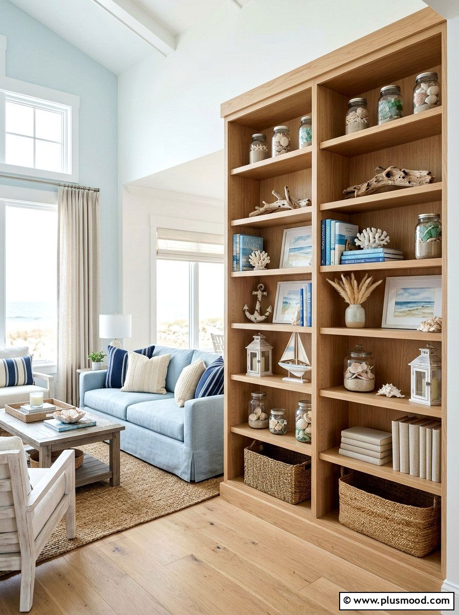 Coastal Bookshelf Decor - 25 summer shelf styling ideas for living room