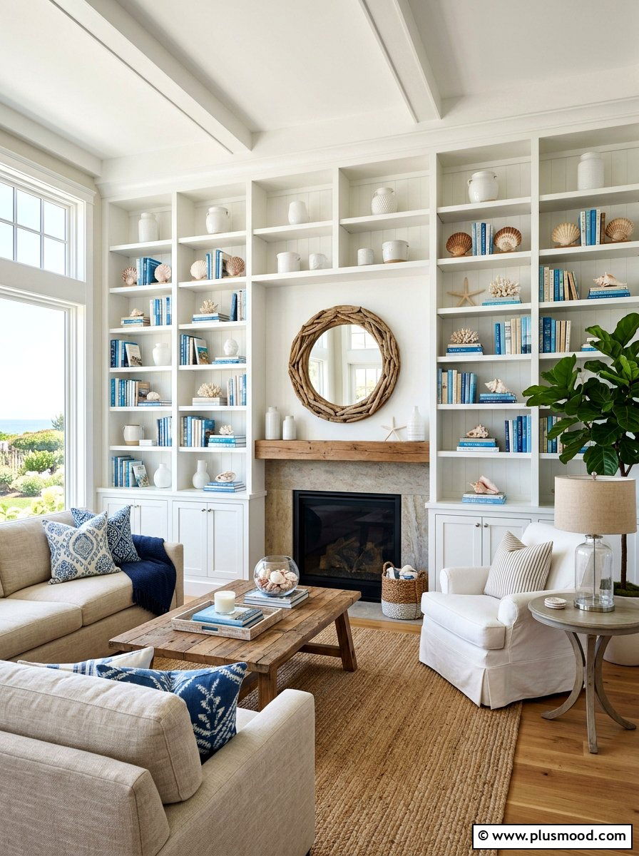 Coastal Bookshelf Styling - 25 summer coastal farmhouse living room ideas