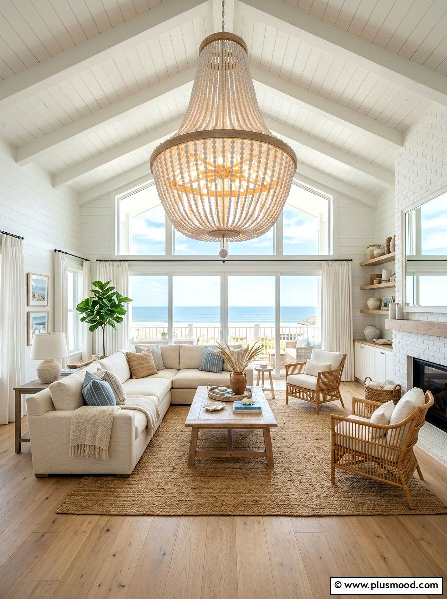 Coastal Chandelier Lighting - 25 summer coastal farmhouse living room ideas