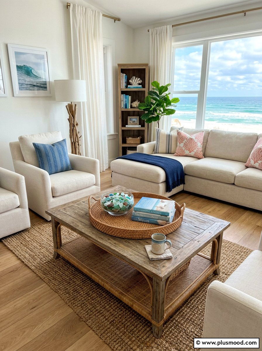Coastal Coffee Table Styling - 25 summer coastal farmhouse living room ideas