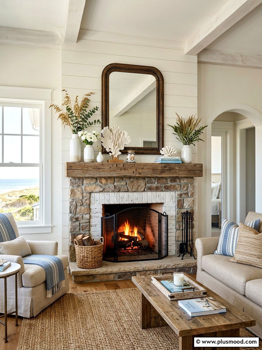 Coastal Farmhouse Mantle Styling - 25 summer coastal farmhouse living room ideas