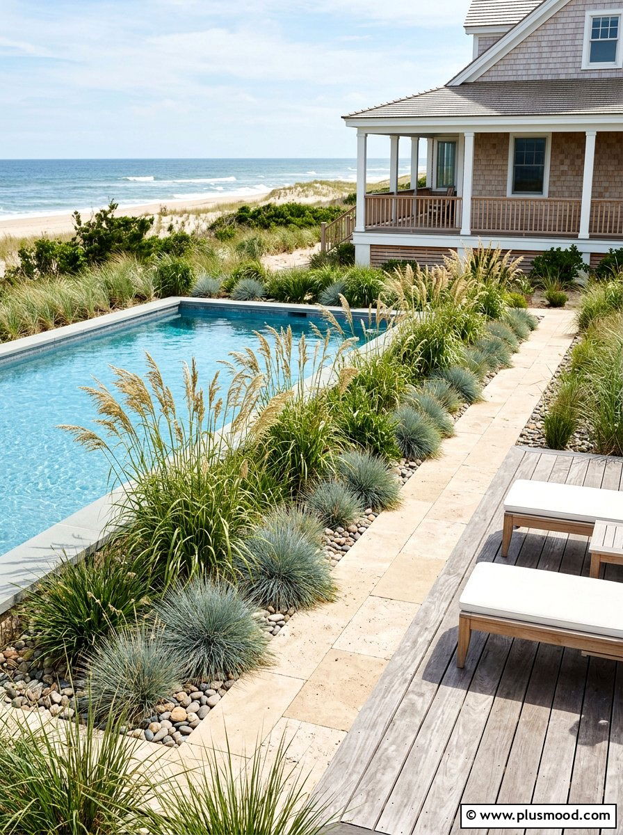 Coastal Grass Planting - 25 pool landscaping ideas for rectangular pools