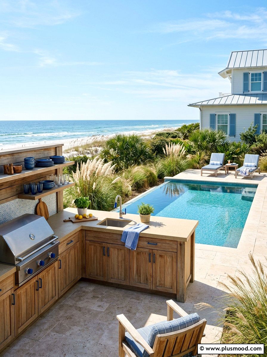 Coastal Outdoor Kitchen - 25 pool landscaping ideas with outdoor kitchen