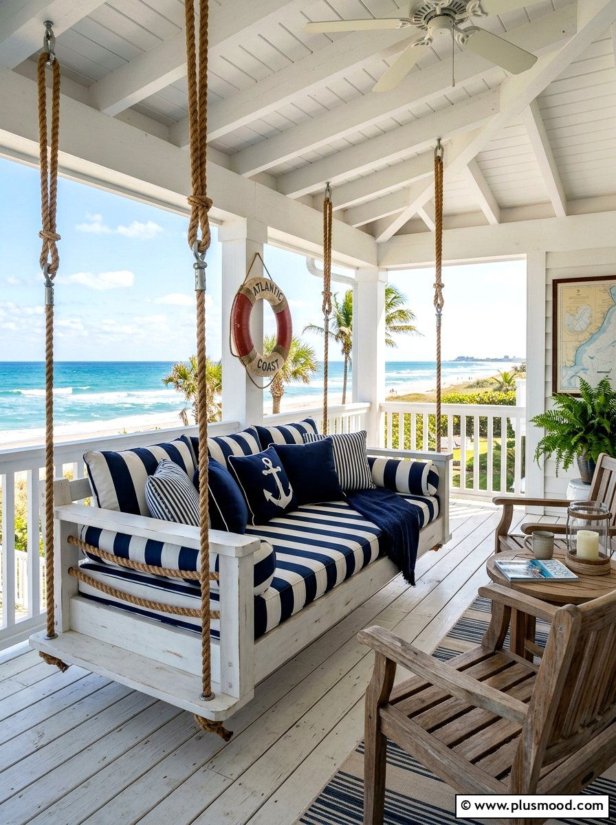 Coastal Porch Swing Lounge - 25 summer outdoor lounge party ideas