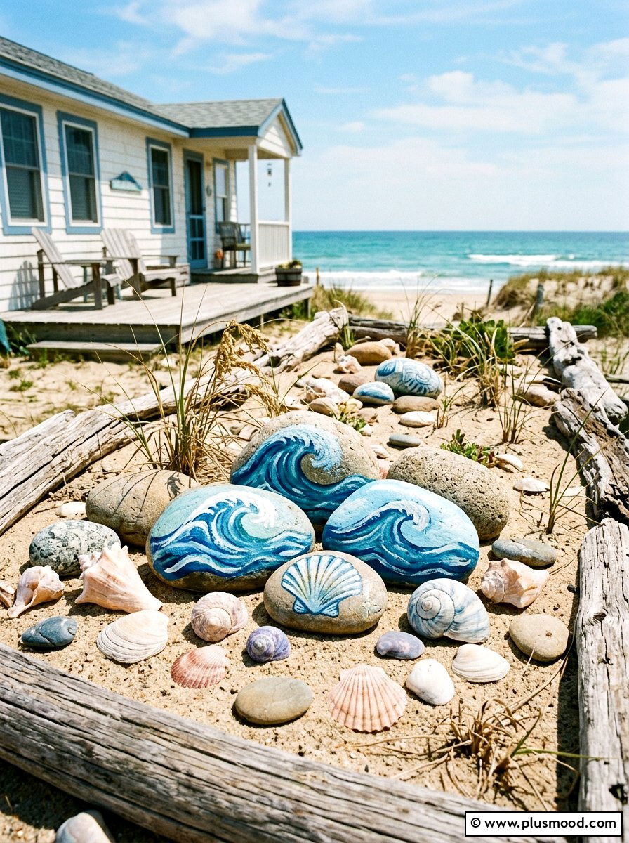 Coastal Sea Shell Rocks - 25 painted rock ideas for garden