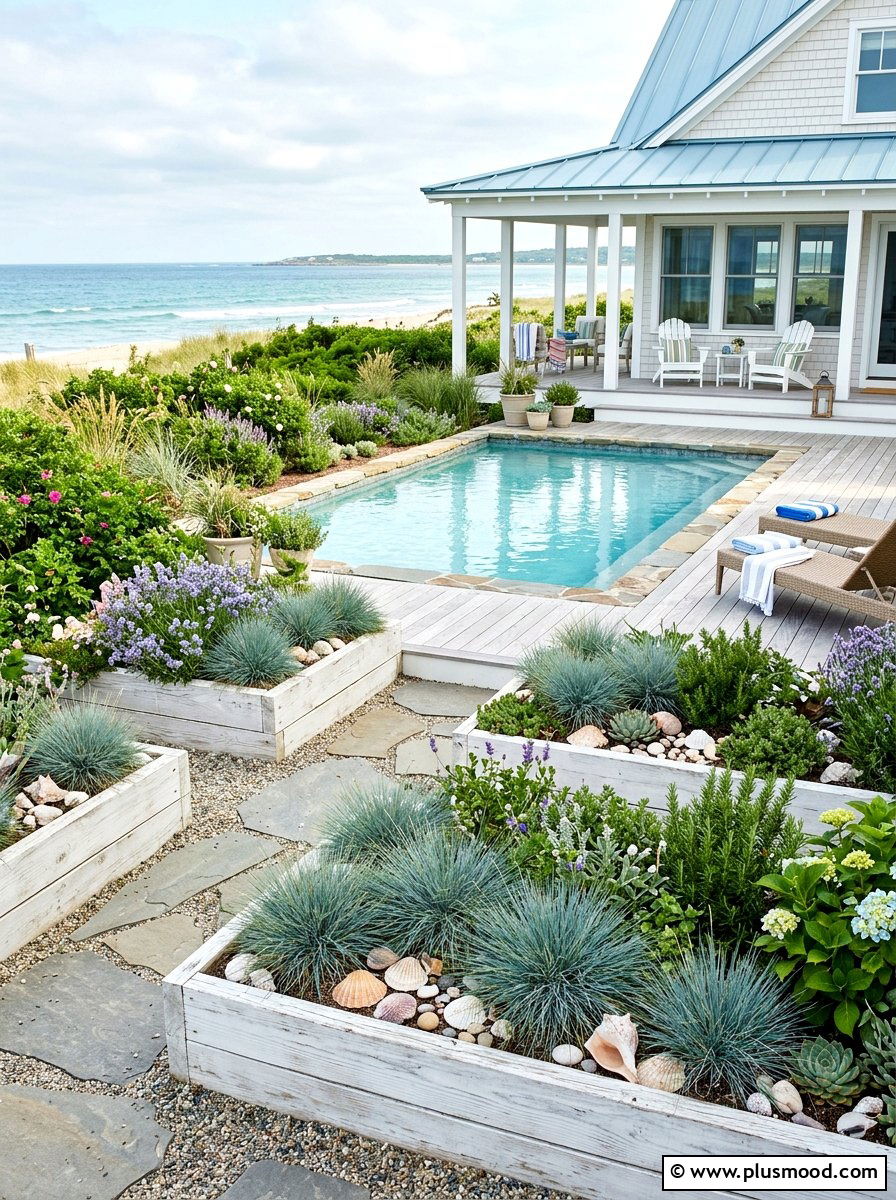 Coastal Style Garden - 25 pool landscaping ideas with raised garden beds