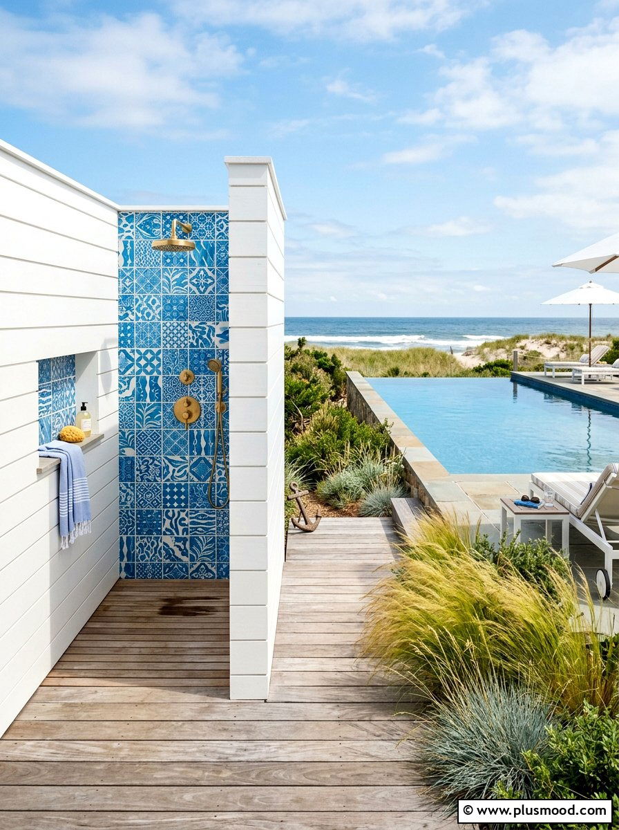 Coastal Style Pool Area With Blue Accents - 25 pool landscaping ideas with outdoor shower