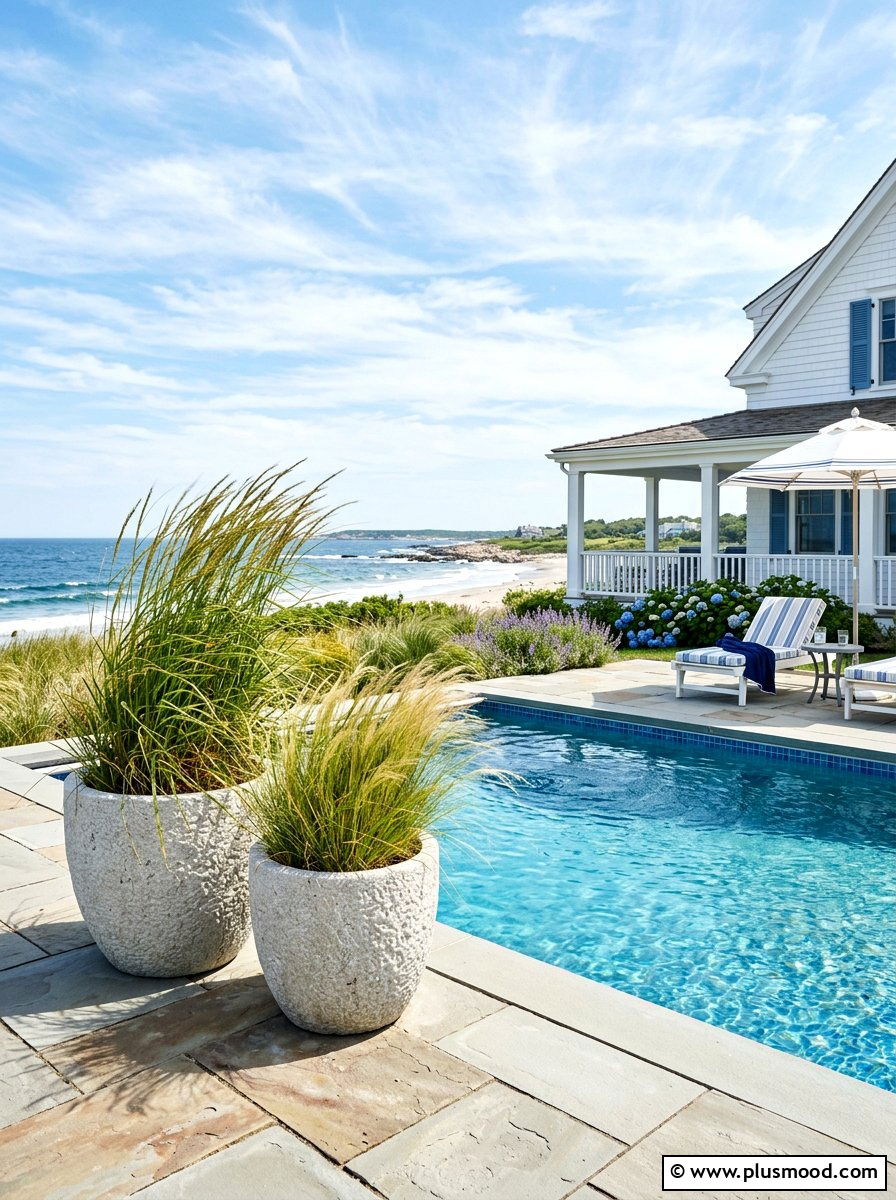 Coastal Style White Planter - 25 pool landscaping ideas with raised planters