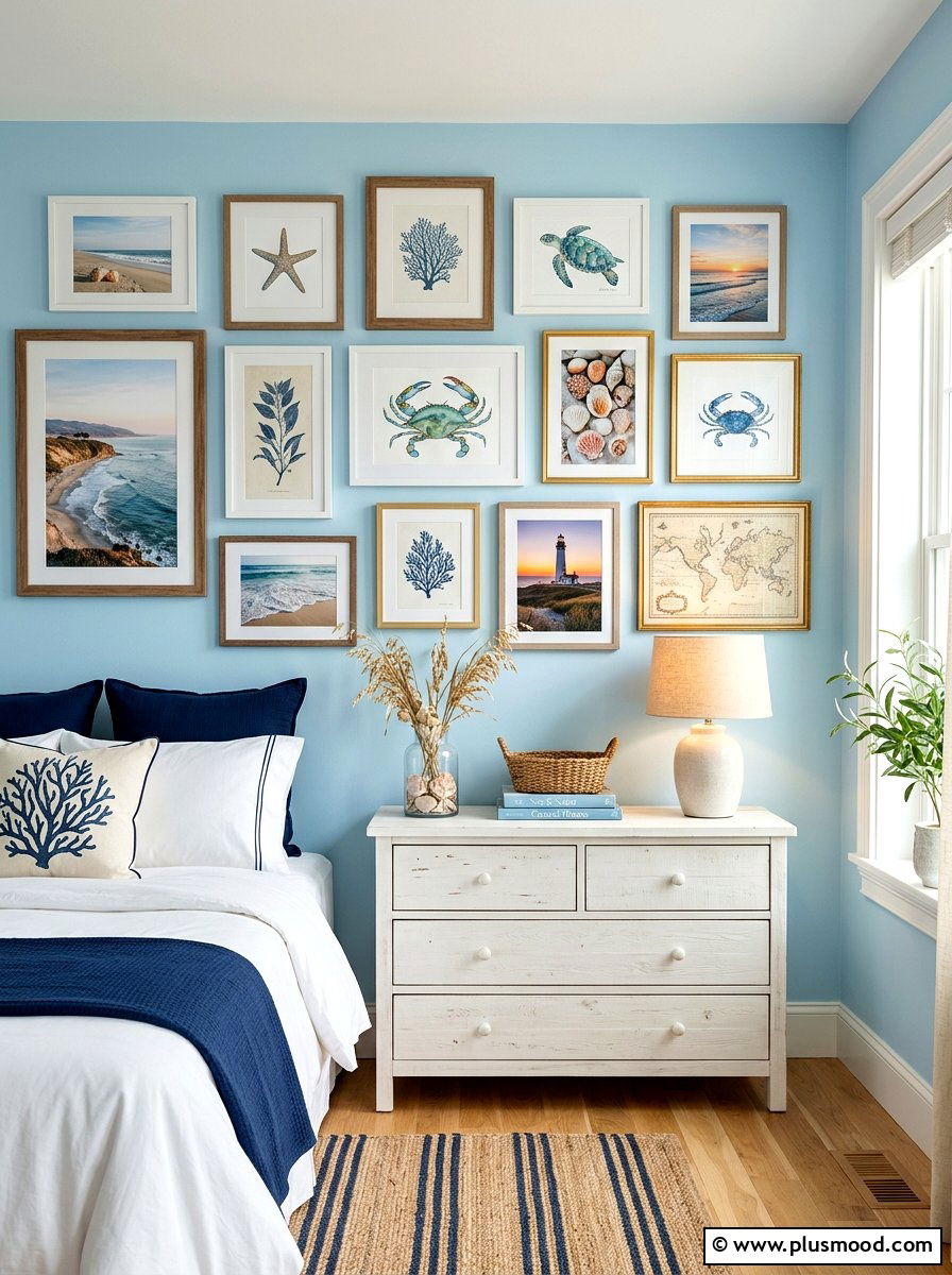 Coastal Theme Gallery Wall - 25 beachy summer bedroom ideas