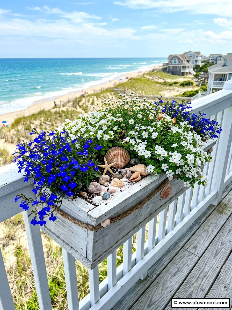 Coastal Theme Railing Box - 25 summer porch rail planter ideas