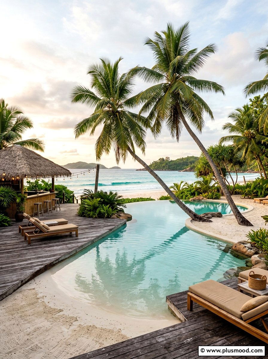 Coastal beach pool with coconut palms - 25 pool landscaping ideas with palm trees