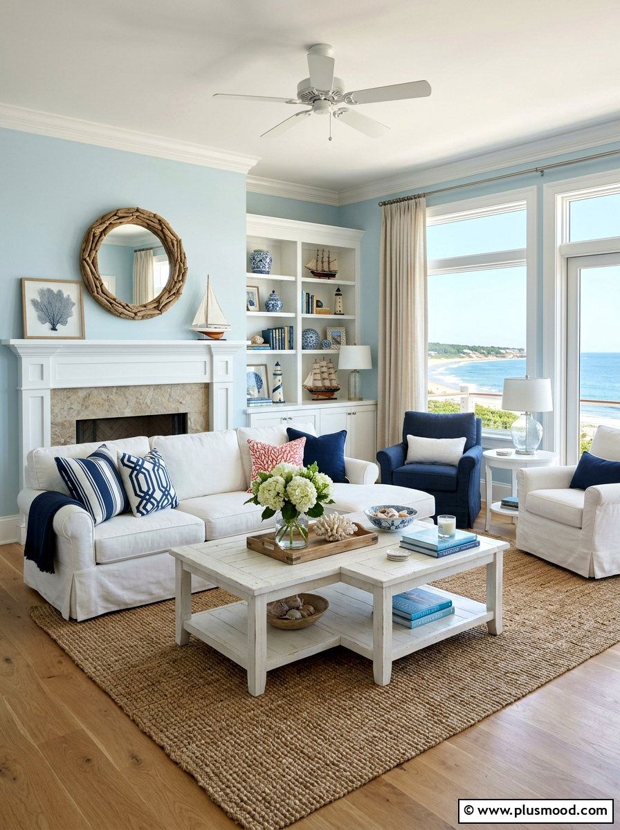 Coastal blue and white room - 25 summer family room decor ideas
