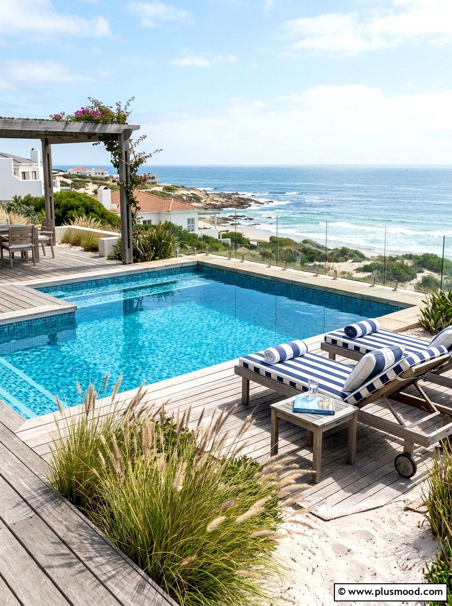 Coastal blue tile swimming pool - 25 pool landscaping ideas with tile accents