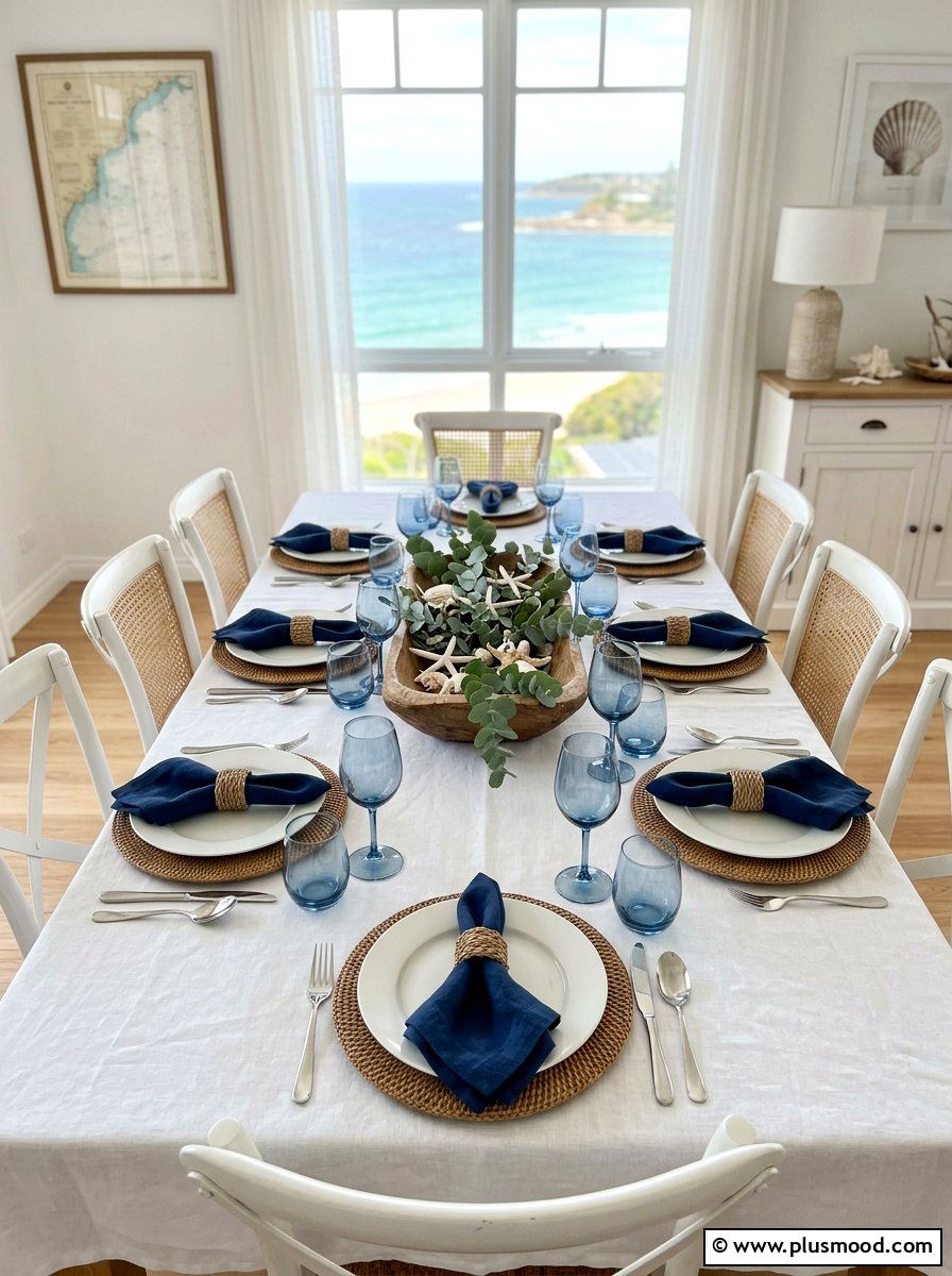 Coastal dining room table setting - 25 summer decor ideas with blue and white